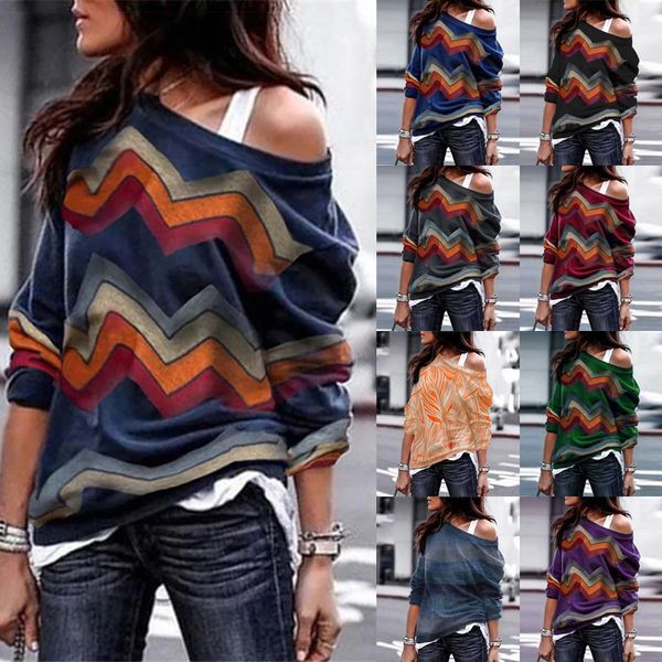 

2021 new primavera outono t-shirts feminina fora do ombro listrado s lazer manga comprida impresso geomtrica camiseta da senhora pl, White