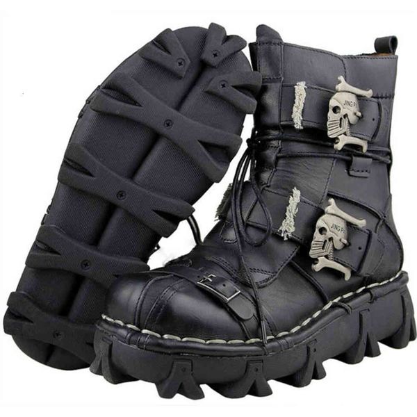 

men cowhide leather motorboots military combat gothic schedel punk laarzen, Black
