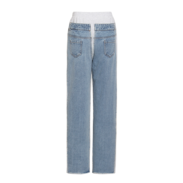 

casual patchwork denim pants for women high waist loose wide leg jeans female 2021 autumn fashion new tide clothing, Black;white
