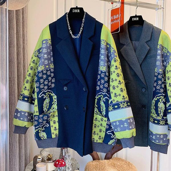 

women's suits & blazers [ewq] korea chic large women wear contrast color retro stitching suit coat autumn loose thin casual blazer fema, White;black