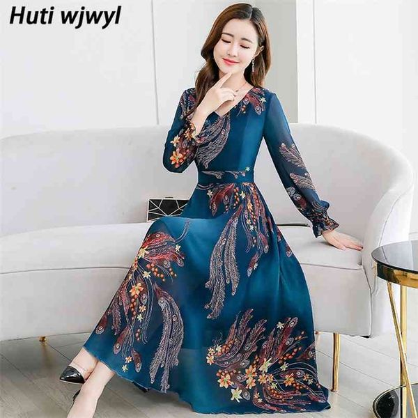 

autumn vintage 3xl plus size printed chiffon midi dress boho long sleeve beach maxi dresses elegant female bodycon vestidos 210528, Black;gray