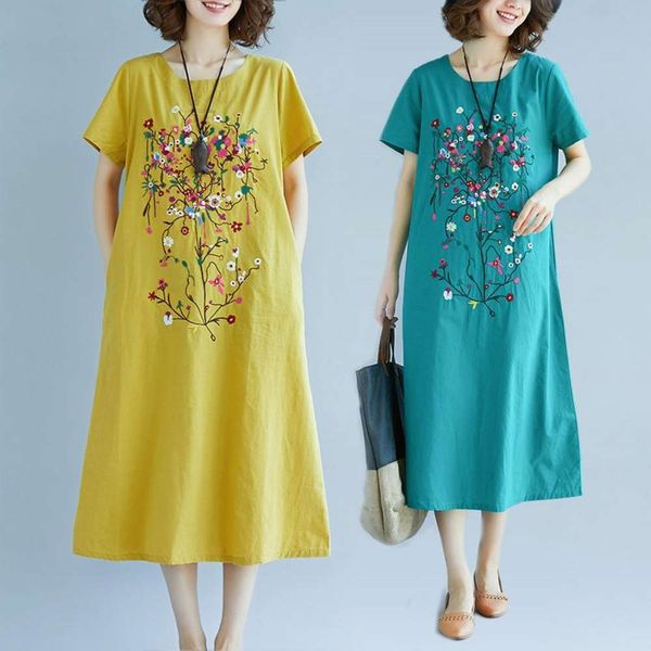 

cotton hemp ethnic dress women's summer embroidery lady mother round neck medium length linen skirt, Black;gray