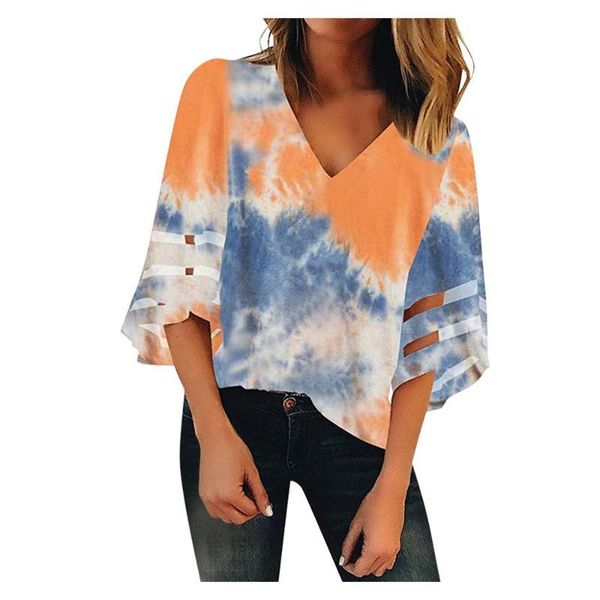 

2021 summer women blouse tie dye print tee shirt 3/4 bell sleeve loose harajuku amiseta mujer ladies blusas mujer q40, White
