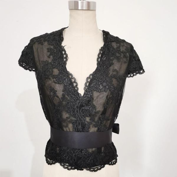 

wraps & jackets 2021 black wedding bolero cap sleeve bridal jacket large size with lace satin sash ribbon coat, White