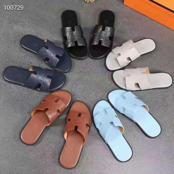

slipper color printed cowhide summer h slippers men's sandals european and american leather beach slippers versatile new korean fashion, Black