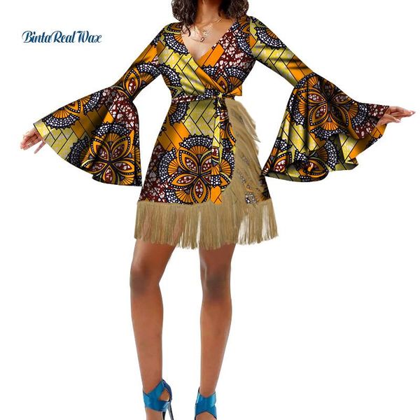 

ethnic clothing african women dashiki bazin riche causal flare long sleeve mini dress party dresses clothes v neck wy5348, Red