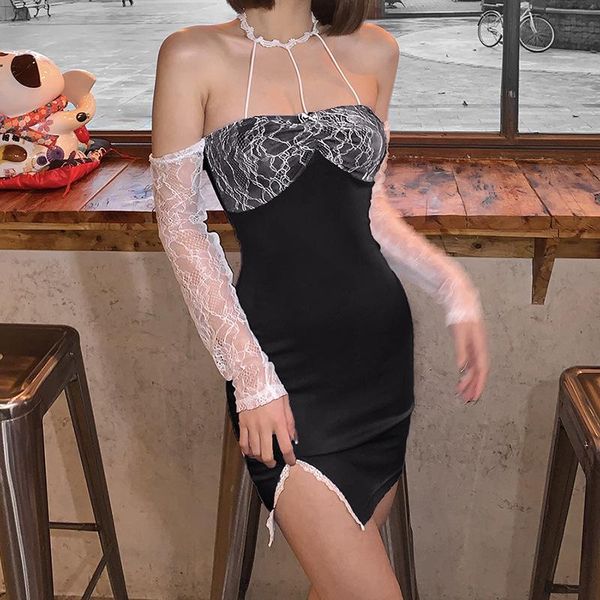 

casual dresses 2021 fashion women lady splitting one-piece dress off-the-shoulder long sleeve halter lace slim elastic summer party, Black;gray