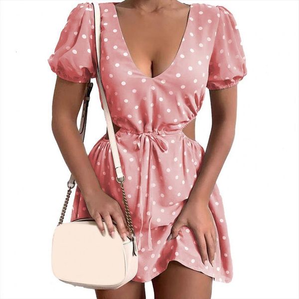 

50%polka dot print womens dresses soft hollow waist dating, Black;gray