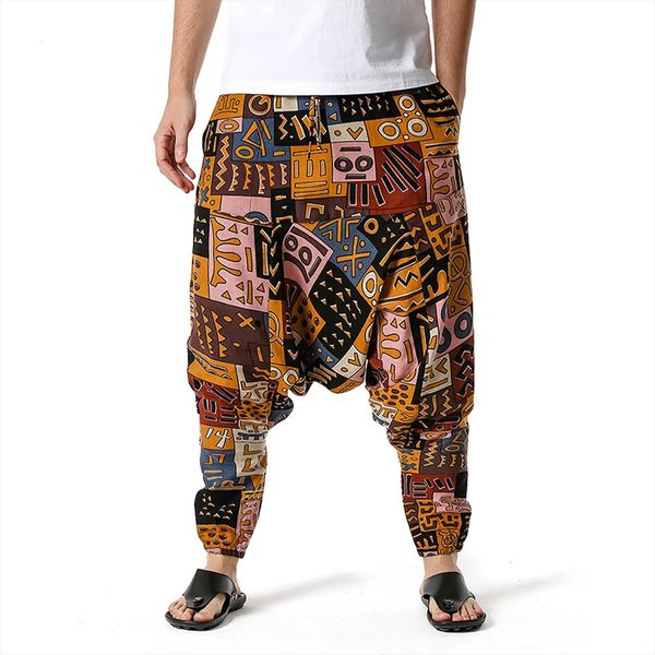 

streetwear bohemian print loose ctton women pant linen harem y2k harajuku spring summer fashion male drawstring trousers, Black