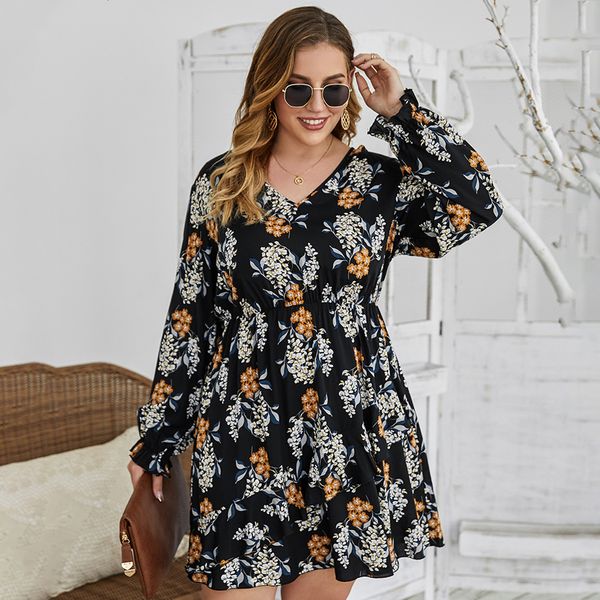 

new 2021 spring women plus size v-neck long sleeve floral print vintage dresses chic boho beach casual mini dress iv9c, Black;gray