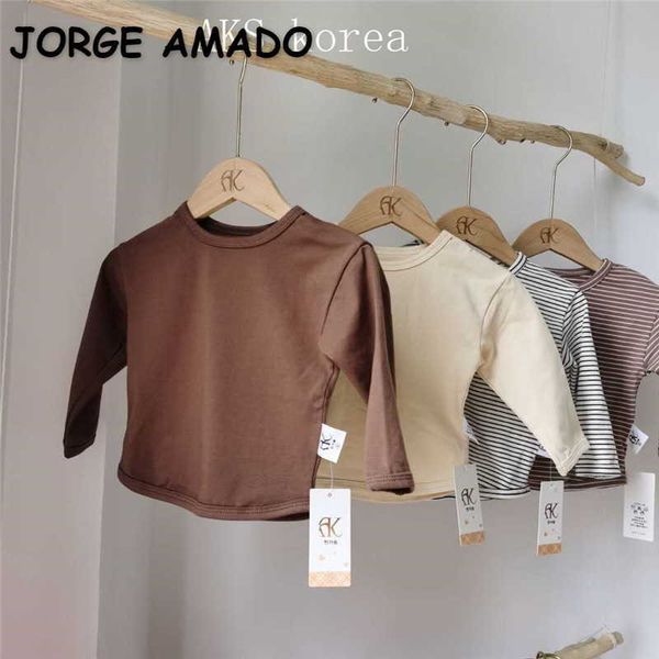 

spring kids girls boys t-shirts solid color striped long sleeves casual style blouses children clothes e99 210610, Blue