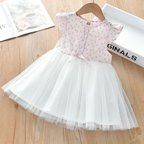 

floral dresses newborn baby girl clothes summer cute ruffle sleeve sweet floral mesh yarn stitching a-line princess vestidos, Red;yellow