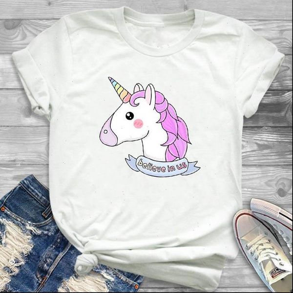 

women lady t shirt unicorn believe printed tshirt ladies short sleeve loose tee shirt women female clothes graphic t shirt, White
