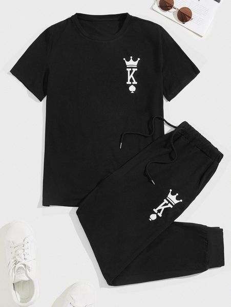 

men letter and crown print tee & drawstring waist sweatpants l3td#, Gray