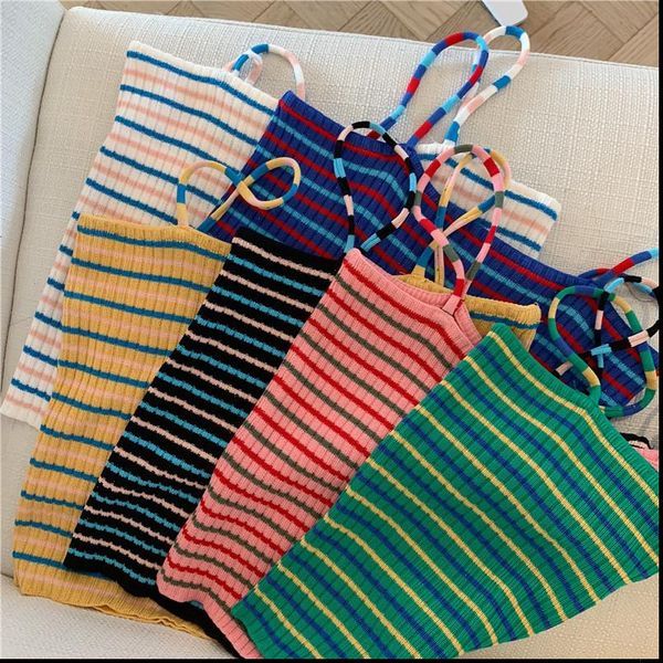 

summer women knitting striped tank crop girls knitted knitwear camisole sleeveless tee shirts camis with spaghetti straps, White
