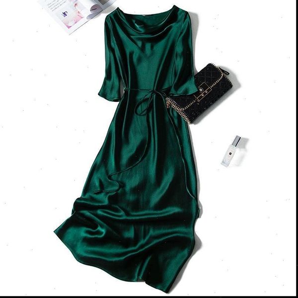 

women solid color satin maxi dress half sleeve 2021 korean fashion lady summer long dresses soft smooth vestido, Black;gray