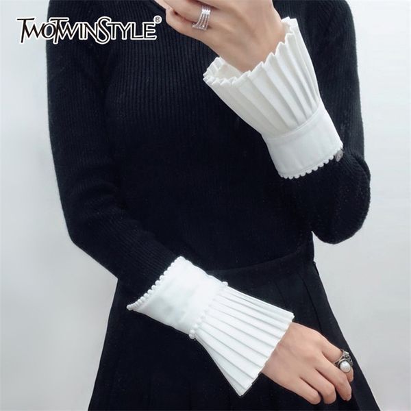 

twotwinstyle beading cuff for women ruffles pleated white hidden breasted cuffs spring female vintage fashion 211026, Blue;gray