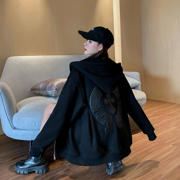 

crosin 2020 new winter black ch thickened plush sweater women's leather cross embroidery hooded zipper jacket t01m