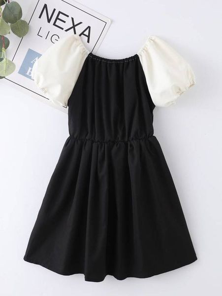 

girls colorblock puff sleeve dress she01, Red;yellow