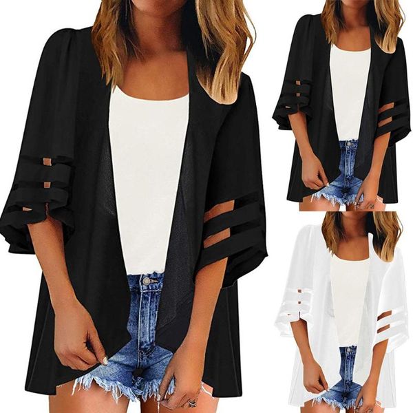 

women's blouses & shirts 2021 womens and mesh panel 3/4 bell sleeve pure color chiffon casual loose kimono cardigan blusas dama#xb30, White