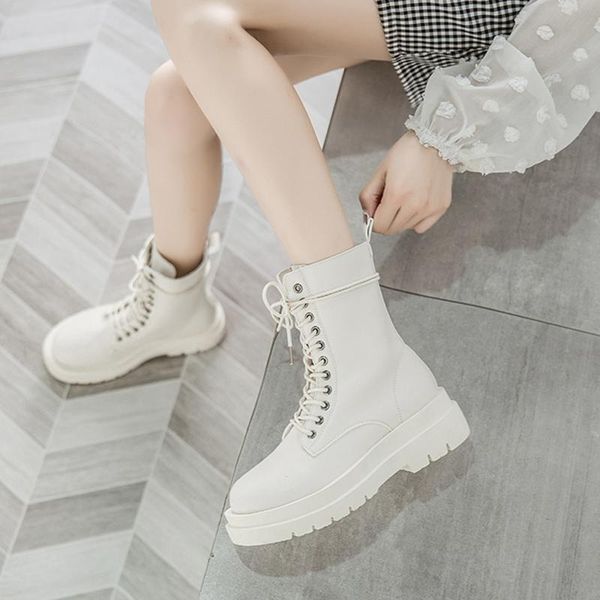 

boots 2021 pu leather ankle women winter plush warm snow woman fashion punk motorcycle round toe platform shoes, Black