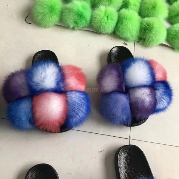 

slippers pom fur women fluffy real slides furry cute raccoon sandals lady flat ball flip flop rainbow shoes, Black