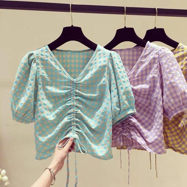 

women's blouses & shirts women summer casual basic plaid blouse shirt drawstring v-neck plus size s~xxl, White