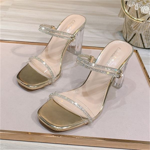 

2021 new women will see strend rrhinestone bright word with thick heels slippers square head transparent sandals elegant woman shoes 7frm, Black