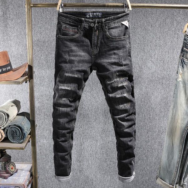 

men's jeans american street fashion men retro destroyed slim ripped embroidery patchwork designer hip hop denim punk pants, Blue