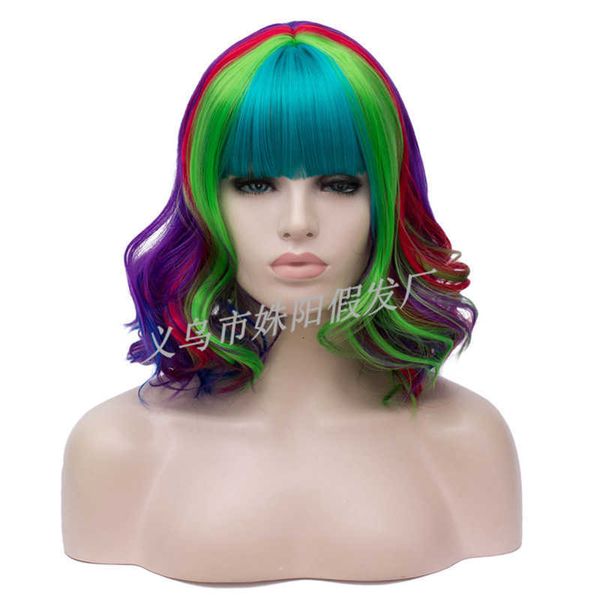 

fashion wig colorful bangs short curly hair halloween style, Black