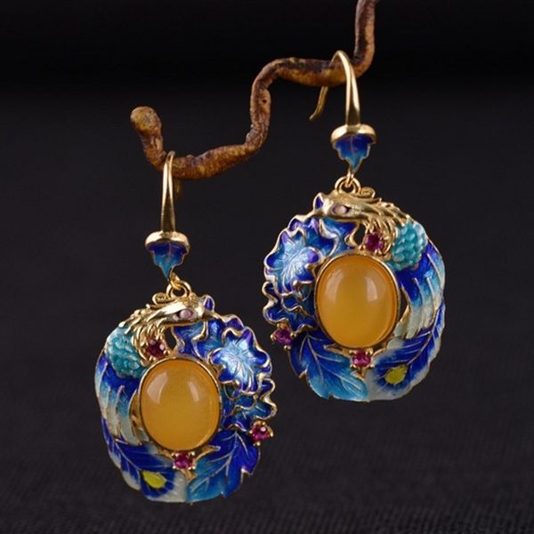 

2021 new real s925 pure gold-plated ship female models sier burnt blue peacock beeswax pendant earrings ring set 6flu, Silver