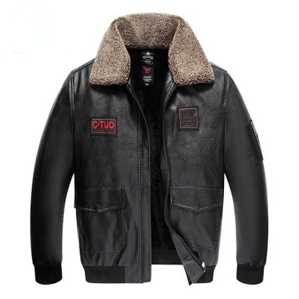 

men's real leather jacket fashion slim moto bike style pilot fur coat casual wool turn-dowm collar genuine 210923, Black