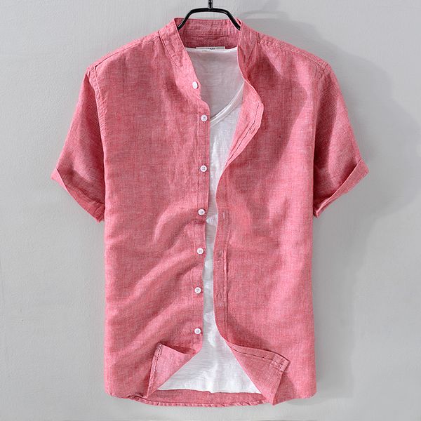

2021 new arrival stand collar linen men short sleeve breathable shirt mens cotton solid coral-red shirts male chemise 536g, White