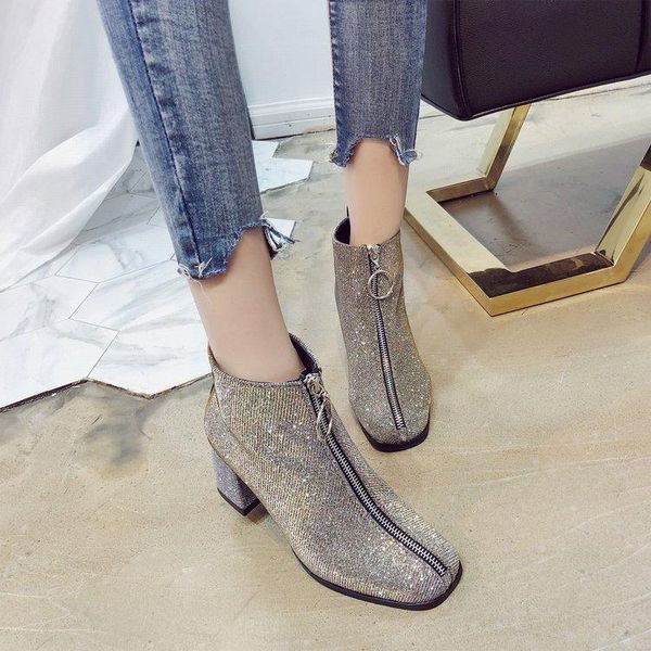 

boots women's ankle fashion shoes wild square head thick with sequins, Black
