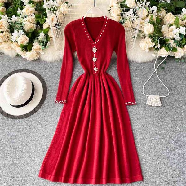 

lady winter a-line dress women fashion v neck long-sleeved high waist thin fold solid color clothes vestidos q192 210527, Black;gray