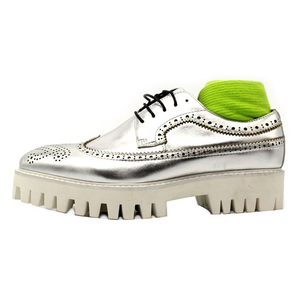 

silver brogue carved shoes handmade men thick heel formal business oxfords wedding flats, Black