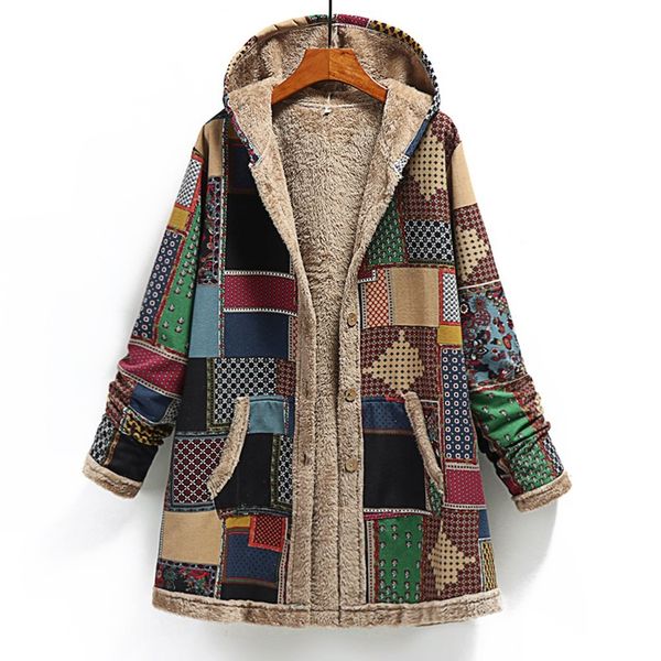 

2021 new winter women hooded with pocket cashmere thick long sleeve splicing plus size jacket retro loose cotton linen printed coat 0bhy, Black