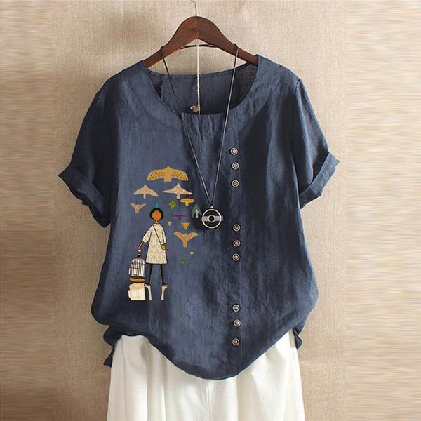 

women o neck short sleeve cartoon girl print buttons cotton linen vintage roupa feminina clothes blusas femininas blouse, White