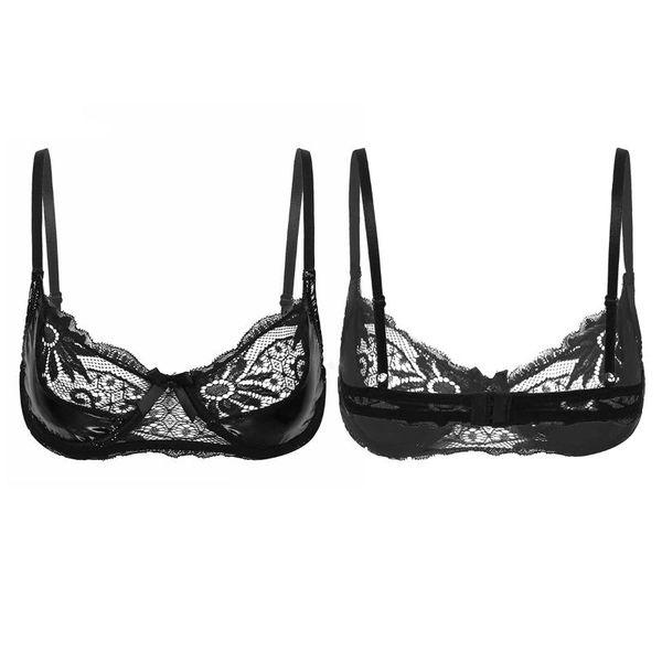 

ladies lingerie bras see-through floral lace wet look leather patchwork underwire bra underwear crop for womens, Red;black