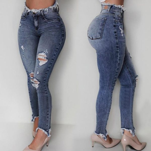 

women's jeans high waist skinny ripped women 2021 fashion trousers washed denim hollow hole bleached pencil pants plus size #gh, Blue