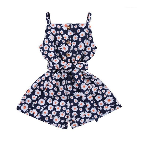 

jumpsuits 2021 0-5y summer casual suspender jumpsuit sweet daisy print single-breasted bandage pants holiday baby girl romper1, Blue