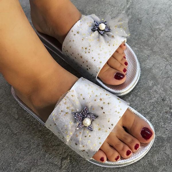 

slippers women lace pearl summer woman beach shoes slip on casual slides flat outdoor large size zapatos, Black