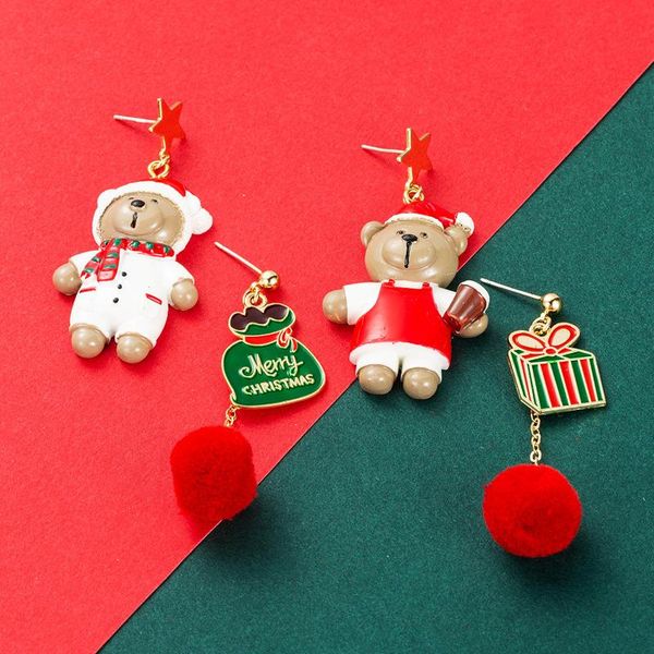 

stud christmas series hanging earrings for women alloy resin bear gift box hair ball jewelry, Golden;silver