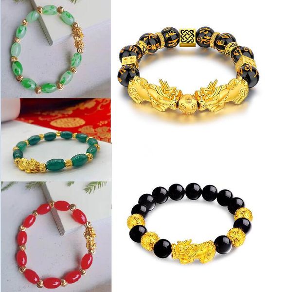 

imitation jadeite jade bracelets strands colorful bucket bead fake obsidian gold pixiu brave troops mantra bracelet china jewelry 10pcs lot, Black