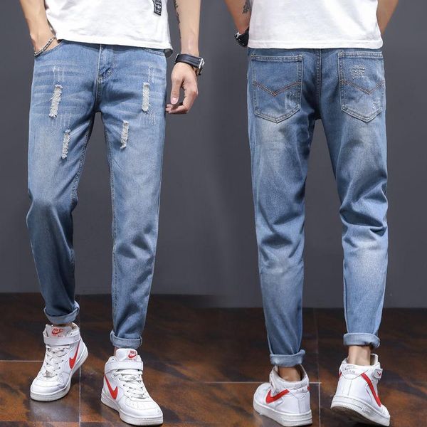 

men's jeans summer broken street casual patch hip-hop punk stretch hole loose straight light blue trouser