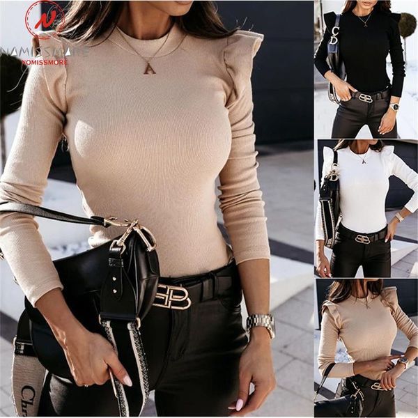 

women's t-shirt elegant spring autumn women t-shirts patchwork design ruffle decoration round neck long sleeve solid color bodycon knit, White