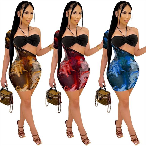 

cutubly 2 two piece women tracksuits set halter print short sets slim fit cami crop and skew collar wrap, Gray