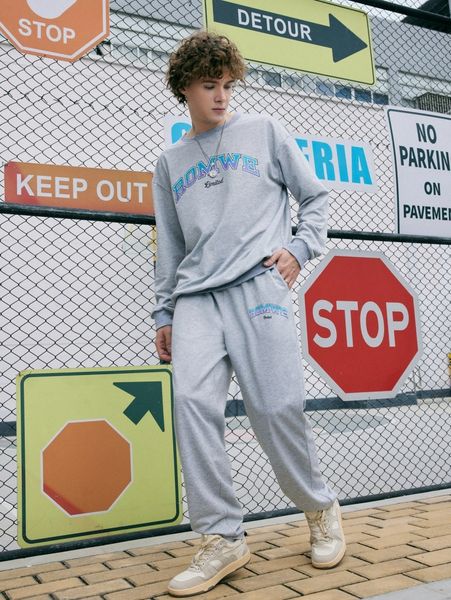 

romwe guys letter graphic sweatshirt & sweatpants y4h7#, Gray
