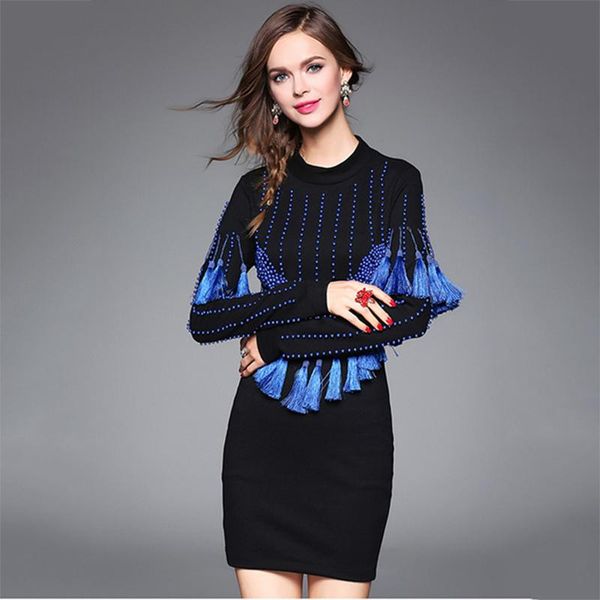 

casual dresses 6xl fashion round neck tassel elastic dress female luxury runway spring autumn women's long sleeve party, Black;gray