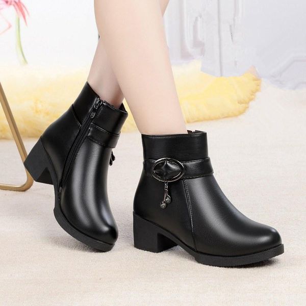 

boots ladies leather warm and fleece ankle low heel waterproof cotton winter short non-slip shoes, Black